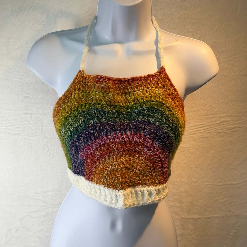 handmade rainbow arch crochet halter crop top white ribbed base and tie straps S